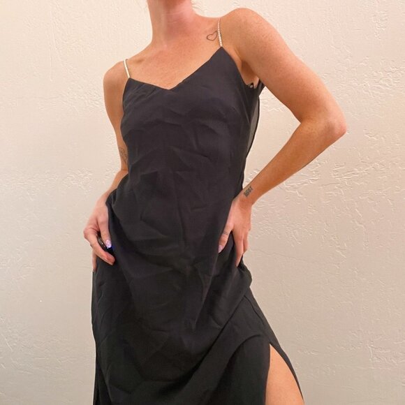 Vintage Dresses & Skirts - Vintage 1990s Black Chiffon Rhinestone Strap Low Back Midi Dress